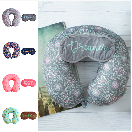 Memory Foam Travel Pillow Snaps, Loop Labels  Matching Verbiage Eye Mask